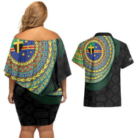 Tafea Tribal Tattoo with Namele Leaves Couples Matching Off Shoulder Short Dress and Hawaiian Shirt LT03 - Polynesian Pride