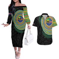 Tafea Tribal Tattoo with Namele Leaves Couples Matching Off The Shoulder Long Sleeve Dress and Hawaiian Shirt LT03 Black - Polynesian Pride