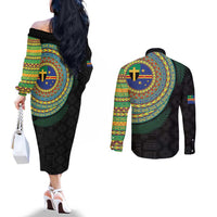 Tafea Tribal Tattoo with Namele Leaves Couples Matching Off The Shoulder Long Sleeve Dress and Long Sleeve Button Shirt LT03 - Polynesian Pride