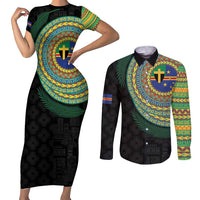 Tafea Tribal Tattoo with Namele Leaves Couples Matching Short Sleeve Bodycon Dress and Long Sleeve Button Shirt LT03 Black - Polynesian Pride