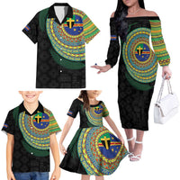 Tafea Tribal Tattoo with Namele Leaves Family Matching Off The Shoulder Long Sleeve Dress and Hawaiian Shirt LT03 - Polynesian Pride