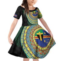 Tafea Tribal Tattoo with Namele Leaves Family Matching Off Shoulder Short Dress and Hawaiian Shirt LT03 Daughter's Dress Black - Polynesian Pride