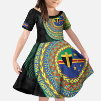 Tafea Tribal Tattoo with Namele Leaves Family Matching Short Sleeve Bodycon Dress and Hawaiian Shirt LT03 Daughter's Dress Black - Polynesian Pride