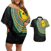 Malampa Tribal Tattoo with Namele Leaves Couples Matching Off Shoulder Short Dress and Hawaiian Shirt LT03 Black - Polynesian Pride