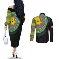 Malampa Tribal Tattoo with Namele Leaves Couples Matching Off The Shoulder Long Sleeve Dress and Long Sleeve Button Shirt LT03 - Polynesian Pride
