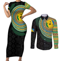 Malampa Tribal Tattoo with Namele Leaves Couples Matching Short Sleeve Bodycon Dress and Long Sleeve Button Shirt LT03 Black - Polynesian Pride