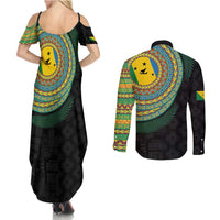 Malampa Tribal Tattoo with Namele Leaves Couples Matching Summer Maxi Dress and Long Sleeve Button Shirt LT03 - Polynesian Pride