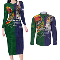 Manuʻa Islands and American Samoa Together Couples Matching Long Sleeve Bodycon Dress and Long Sleeve Button Shirt Rooster and Eagle Mascot National Map and Flag Style LT03 Green - Polynesian Pride