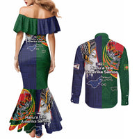 Manuʻa Islands and American Samoa Together Couples Matching Mermaid Dress and Long Sleeve Button Shirt Rooster and Eagle Mascot National Map and Flag Style LT03 - Polynesian Pride