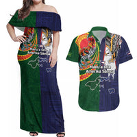 Manuʻa Islands and American Samoa Together Couples Matching Off Shoulder Maxi Dress and Hawaiian Shirt Rooster and Eagle Mascot National Map and Flag Style LT03 Green - Polynesian Pride