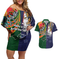 Manuʻa Islands and American Samoa Together Couples Matching Off Shoulder Short Dress and Hawaiian Shirt Rooster and Eagle Mascot National Map and Flag Style LT03 Green - Polynesian Pride