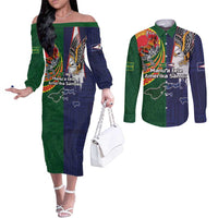 Manuʻa Islands and American Samoa Together Couples Matching Off The Shoulder Long Sleeve Dress and Long Sleeve Button Shirt Rooster and Eagle Mascot National Map and Flag Style LT03 Green - Polynesian Pride