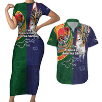 Manuʻa Islands and American Samoa Together Couples Matching Short Sleeve Bodycon Dress and Hawaiian Shirt Rooster and Eagle Mascot National Map and Flag Style LT03 Green - Polynesian Pride