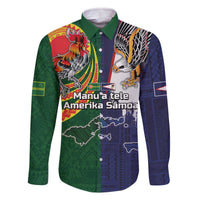 Manuʻa Islands and American Samoa Together Family Matching Off The Shoulder Long Sleeve Dress and Hawaiian Shirt Rooster and Eagle Mascot National Map and Flag Style LT03 Dad's Shirt - Long Sleeve Green - Polynesian Pride