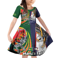Manuʻa Islands and American Samoa Together Family Matching Off Shoulder Short Dress and Hawaiian Shirt Rooster and Eagle Mascot National Map and Flag Style LT03 Daughter's Dress Green - Polynesian Pride