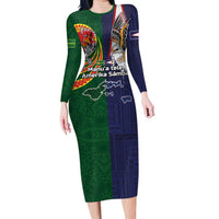Manuʻa Islands and American Samoa Together Long Sleeve Bodycon Dress Rooster and Eagle Mascot National Map and Flag Style LT03 Long Dress Green - Polynesian Pride