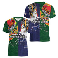 Manuʻa Islands and American Samoa Together Women V-Neck T-Shirt Rooster and Eagle Mascot National Map and Flag Style LT03 - Polynesian Pride
