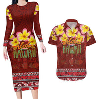 Aloha Plumeria Flowers Couples Matching Long Sleeve Bodycon Dress and Hawaiian Shirt With Hawaiian Style Tapa Tribal LT03 Red - Polynesian Pride