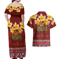 Aloha Plumeria Flowers Couples Matching Off Shoulder Maxi Dress and Hawaiian Shirt With Hawaiian Style Tapa Tribal LT03 - Polynesian Pride