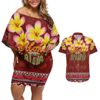 Aloha Plumeria Flowers Couples Matching Off Shoulder Short Dress and Hawaiian Shirt With Hawaiian Style Tapa Tribal