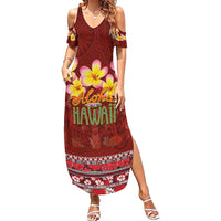 Aloha Plumeria Flowers Summer Maxi Dress With Hawaiian Style Tapa Tribal LT03 Women Red - Polynesian Pride