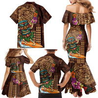 Hawaiian Tiki Mask Surfing Kakau Pattern Family Matching Mermaid Dress and Hawaiian Shirt LT03 - Polynesian Pride