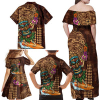 Hawaiian Tiki Mask Surfing Kakau Pattern Family Matching Off Shoulder Maxi Dress and Hawaiian Shirt LT03 - Polynesian Pride