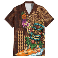 Hawaiian Tiki Mask Surfing Kakau Pattern Family Matching Off Shoulder Maxi Dress and Hawaiian Shirt LT03 Dad's Shirt - Short Sleeve Brown - Polynesian Pride