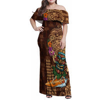 Hawaiian Tiki Mask Surfing Kakau Pattern Family Matching Off Shoulder Maxi Dress and Hawaiian Shirt LT03 Mom's Dress Brown - Polynesian Pride