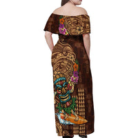 Hawaiian Tiki Mask Surfing Kakau Pattern Family Matching Off Shoulder Maxi Dress and Hawaiian Shirt LT03 - Polynesian Pride