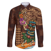 Hawaiian Tiki Mask Surfing Kakau Pattern Family Matching Puletasi and Hawaiian Shirt LT03 Dad's Shirt - Long Sleeve Brown - Polynesian Pride
