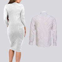 Niue White Sunday Couples Matching Long Sleeve Bodycon Dress and Long Sleeve Button Shirt Hiapo Tribal Art Tattoos LT03 - Polynesian Pride