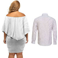 Niue White Sunday Couples Matching Off Shoulder Short Dress and Long Sleeve Button Shirt Hiapo Tribal Art Tattoos LT03 - Polynesian Pride