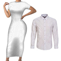 Niue White Sunday Couples Matching Short Sleeve Bodycon Dress and Long Sleeve Button Shirt Hiapo Tribal Art Tattoos LT03 White - Polynesian Pride