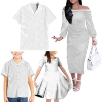 Niue White Sunday Family Matching Off The Shoulder Long Sleeve Dress and Hawaiian Shirt Hiapo Tribal Art Tattoos LT03 - Polynesian Pride