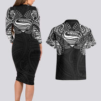 Super Samoan Traditional Tribal Art Tattoos Couples Matching Long Sleeve Bodycon Dress and Hawaiian Shirt Black Color LT03 - Polynesian Pride