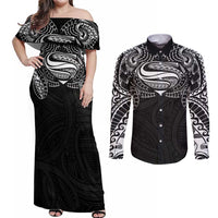 Super Samoan Traditional Tribal Art Tattoos Couples Matching Off Shoulder Maxi Dress and Long Sleeve Button Shirt Black Color LT03 Black - Polynesian Pride