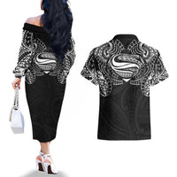 Super Samoan Traditional Tribal Art Tattoos Couples Matching Off The Shoulder Long Sleeve Dress and Hawaiian Shirt Black Color LT03 - Polynesian Pride