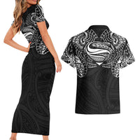 Super Samoan Traditional Tribal Art Tattoos Couples Matching Short Sleeve Bodycon Dress and Hawaiian Shirt Black Color LT03 - Polynesian Pride