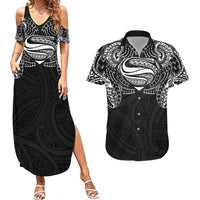 Super Samoan Traditional Tribal Art Tattoos Couples Matching Summer Maxi Dress and Hawaiian Shirt Black Color LT03 Black - Polynesian Pride