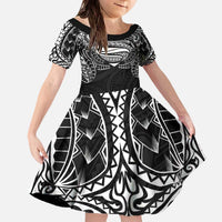Super Samoan Traditional Tribal Art Tattoos Family Matching Off The Shoulder Long Sleeve Dress and Hawaiian Shirt Black Color LT03 Daughter's Dress Black - Polynesian Pride