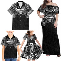 Super Samoan Traditional Tribal Art Tattoos Family Matching Off Shoulder Maxi Dress and Hawaiian Shirt Black Color LT03 - Polynesian Pride