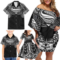 Super Samoan Traditional Tribal Art Tattoos Family Matching Off Shoulder Short Dress and Hawaiian Shirt Black Color LT03 - Polynesian Pride
