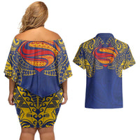 Super Samoan Traditional Tribal Art Tattoos Couples Matching Off Shoulder Short Dress and Hawaiian Shirt Blue Color LT03 - Polynesian Pride