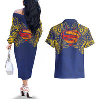 Super Samoan Traditional Tribal Art Tattoos Couples Matching Off The Shoulder Long Sleeve Dress and Hawaiian Shirt Blue Color LT03 - Polynesian Pride