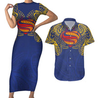 Super Samoan Traditional Tribal Art Tattoos Couples Matching Short Sleeve Bodycon Dress and Hawaiian Shirt Blue Color LT03 Blue - Polynesian Pride