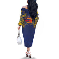 Super Samoan Traditional Tribal Art Tattoos Family Matching Off The Shoulder Long Sleeve Dress and Hawaiian Shirt Blue Color LT03 - Polynesian Pride