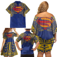 Super Samoan Traditional Tribal Art Tattoos Family Matching Off Shoulder Short Dress and Hawaiian Shirt Blue Color LT03 - Polynesian Pride