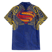 Super Samoan Traditional Tribal Art Tattoos Family Matching Off Shoulder Short Dress and Hawaiian Shirt Blue Color LT03 - Polynesian Pride