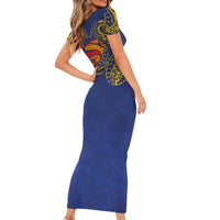 Super Samoan Traditional Tribal Art Tattoos Family Matching Short Sleeve Bodycon Dress and Hawaiian Shirt Blue Color LT03 - Polynesian Pride
